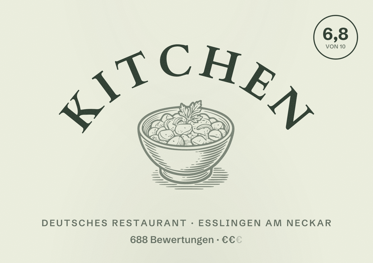 Illustriertes Poster von Kitchen, Deutsches Restaurant in Esslingen am Neckar: Bewertung 6,8 von 10 aus 688 Bewertungen, Preisniveau €€