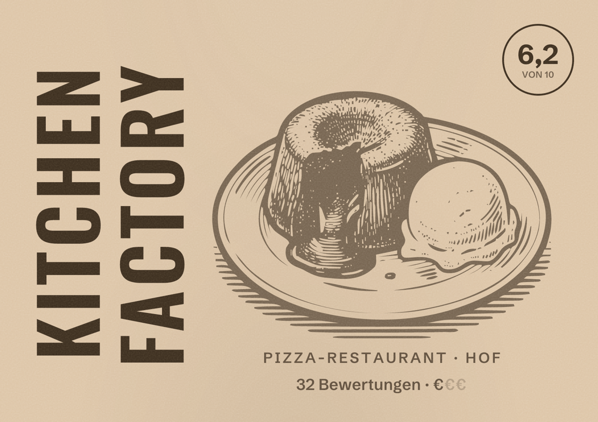 Illustriertes Poster von Kitchen Factory, Pizza-Restaurant in Hof: Bewertung 6,2 von 10 aus 32 Bewertungen, Preisniveau €
