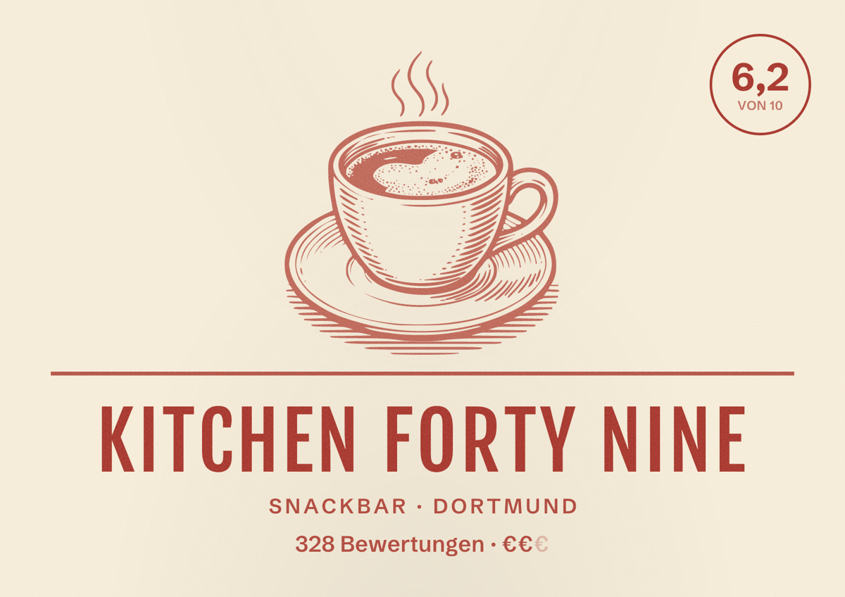 Illustriertes Poster von Kitchen Forty Nine, Snackbar in Dortmund: Gästebewertung 6,2 von 10 aus 328 Bewertungen