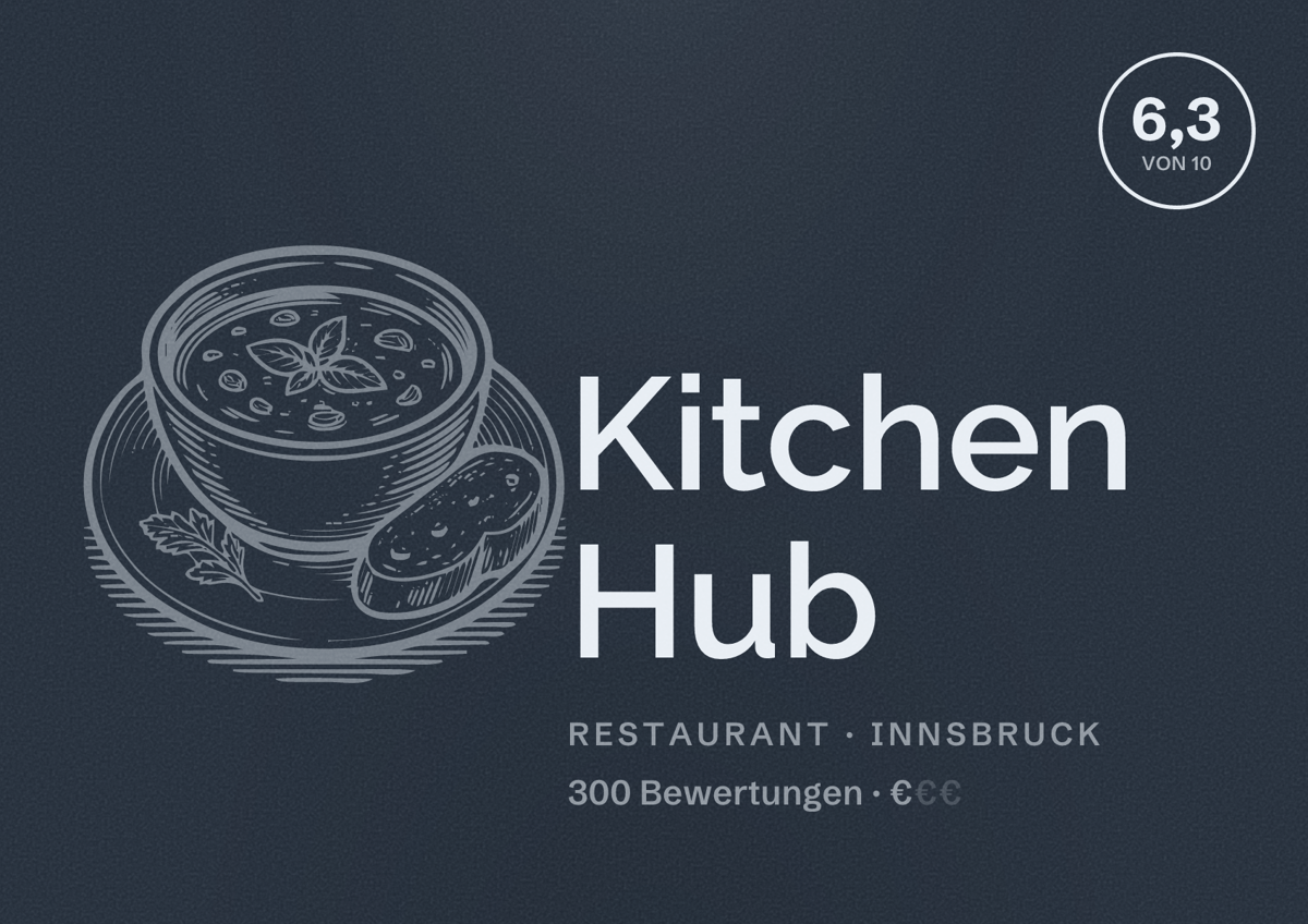 Illustriertes Poster von Kitchen Hub, Restaurant in Innsbruck: Bewertung 6,3 von 10 aus 300 Bewertungen, Preisniveau €