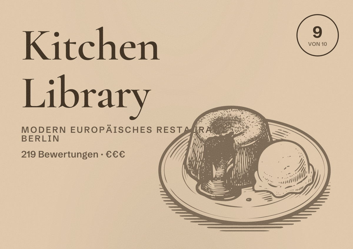 Illustriertes Poster von Kitchen Library, Modern europäisches Restaurant in Berlin: Bewertung 9,0 von 10 aus 219 Bewertungen, Preisniveau €€€