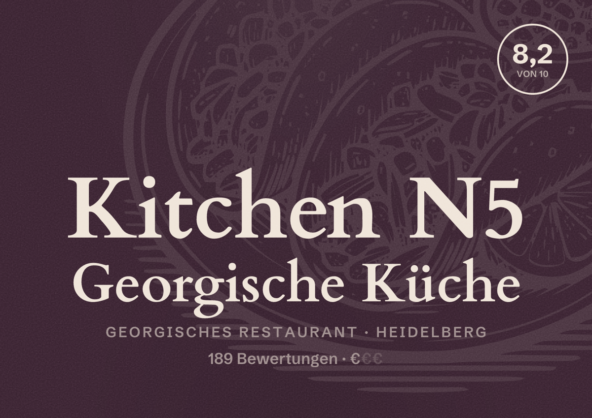 Illustriertes Poster von Kitchen N5 Georgische Küche, Georgisches Restaurant in Heidelberg: Bewertung 8,2 von 10 aus 189 Bewertungen, Preisniveau €