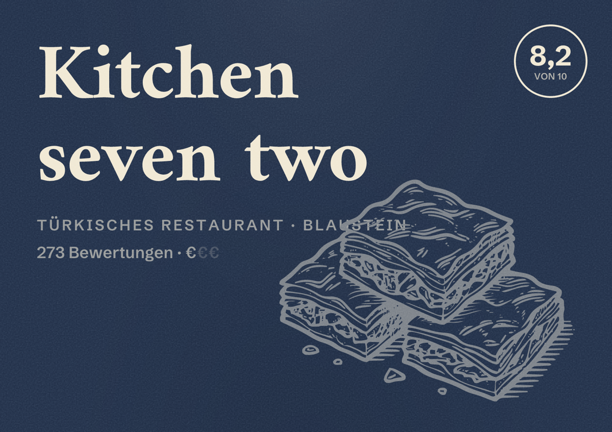 Illustriertes Poster von Kitchen seven two, Türkisches Restaurant in Blaustein: Bewertung 8,2 von 10 aus 273 Bewertungen, Preisniveau €