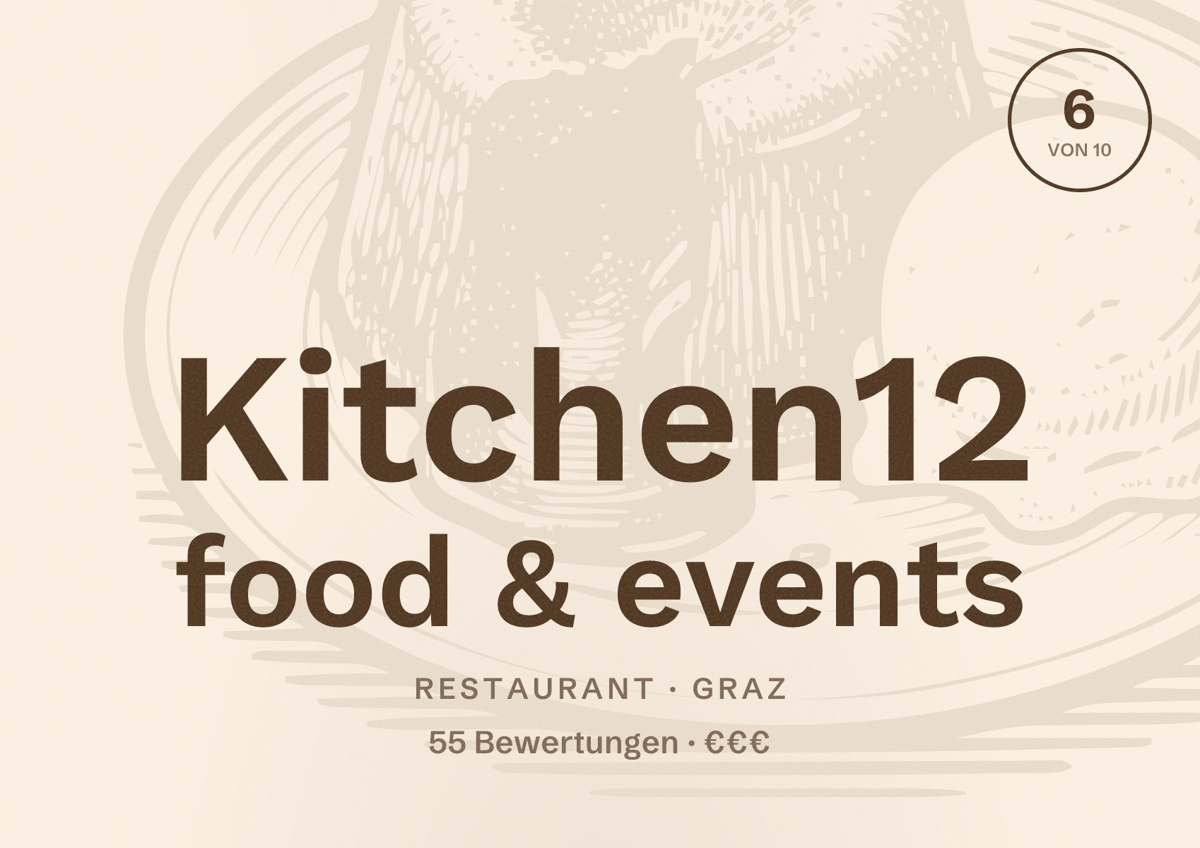 Illustriertes Poster von Kitchen12 food & events, Restaurant in Graz: Bewertung 6 von 10 aus 55 Bewertungen, Preisniveau €€€