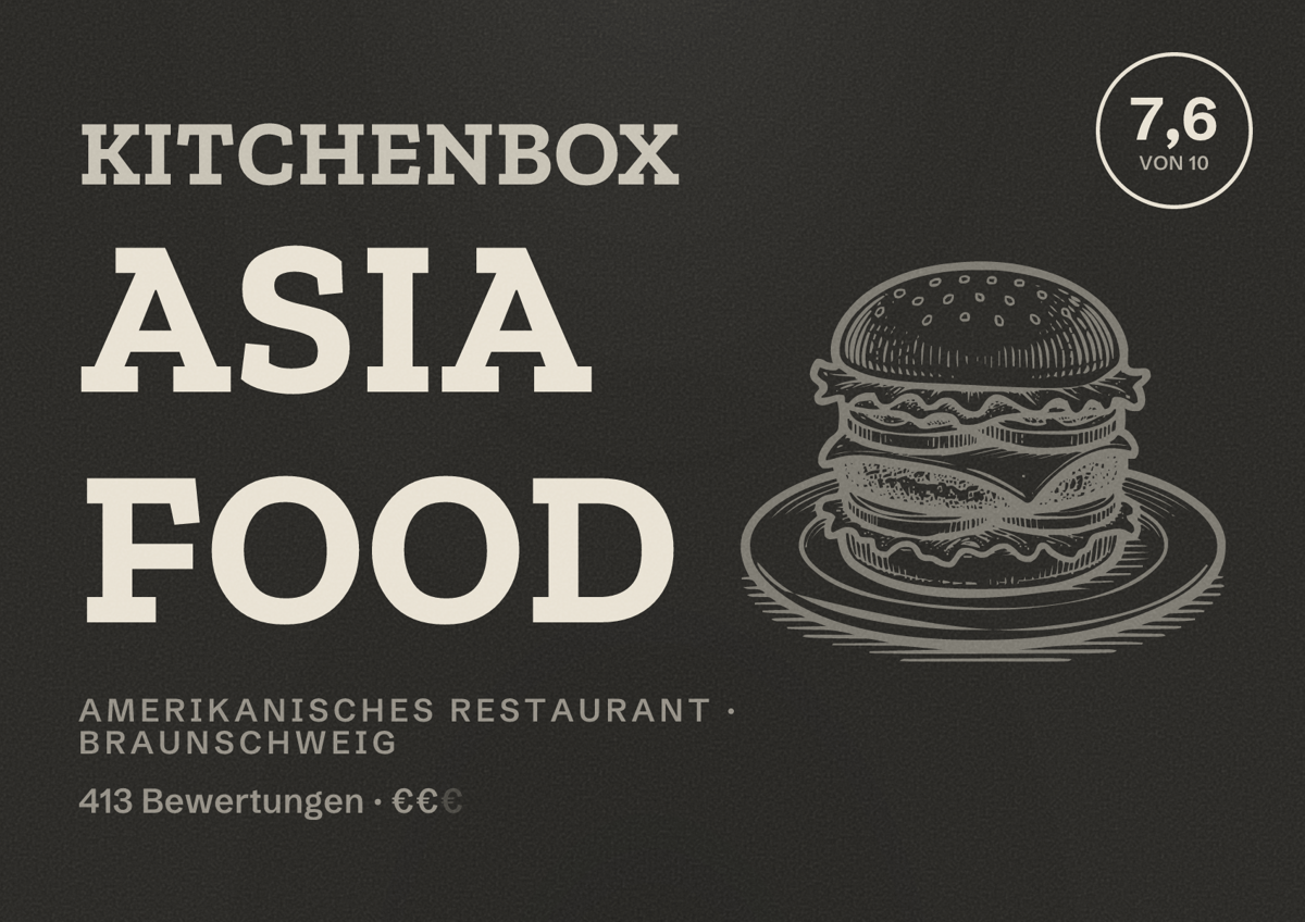 Illustriertes Poster von KitchenBox Asia Food, Amerikanisches Restaurant in Braunschweig: Bewertung 7,6 von 10 aus 413 Bewertungen, Preisniveau €€