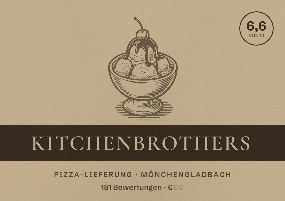 Illustriertes Poster von Kitchenbrothers, Pizza-Lieferung in Mönchengladbach: Bewertung 6,6 von 10 aus 181 Bewertungen, Preisniveau €