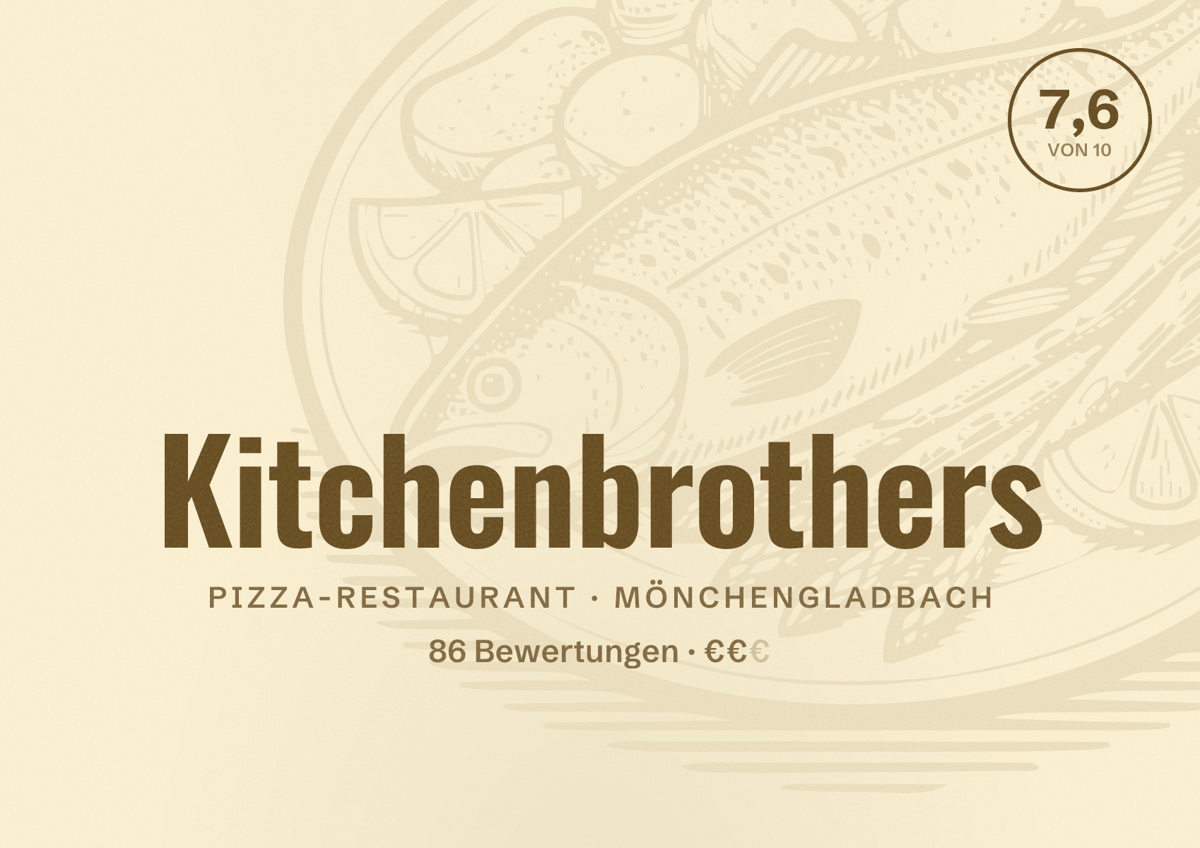 Illustriertes Poster von Kitchenbrothers, Pizza-Restaurant in Mönchengladbach: Bewertung 7,6 von 10 aus 86 Bewertungen, Preisniveau €€