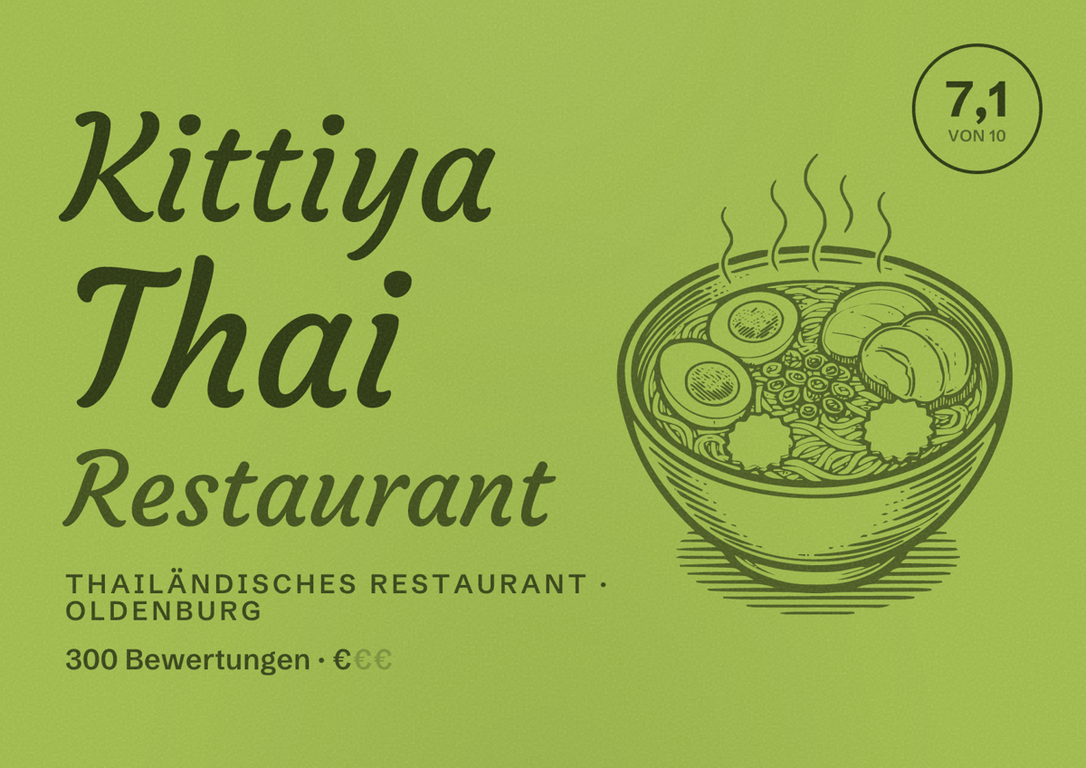 Illustriertes Poster von Kittiya Thai Restaurant, Thailändisches Restaurant in Oldenburg: Bewertung 7,1 von 10 aus 300 Bewertungen, Preisniveau €