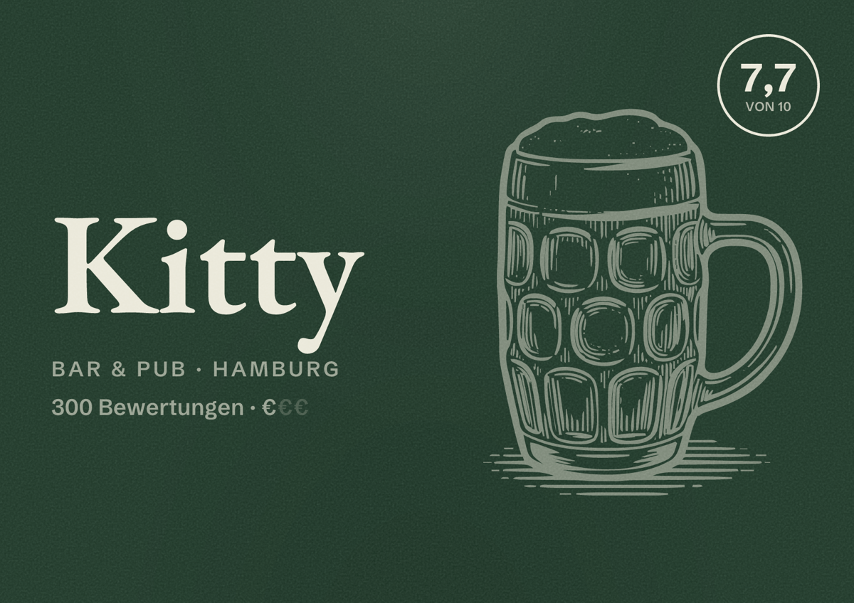 Illustriertes Poster von Kitty, Bar & Pub in Hamburg: Bewertung 7,7 von 10 aus 300 Bewertungen, Preisniveau €