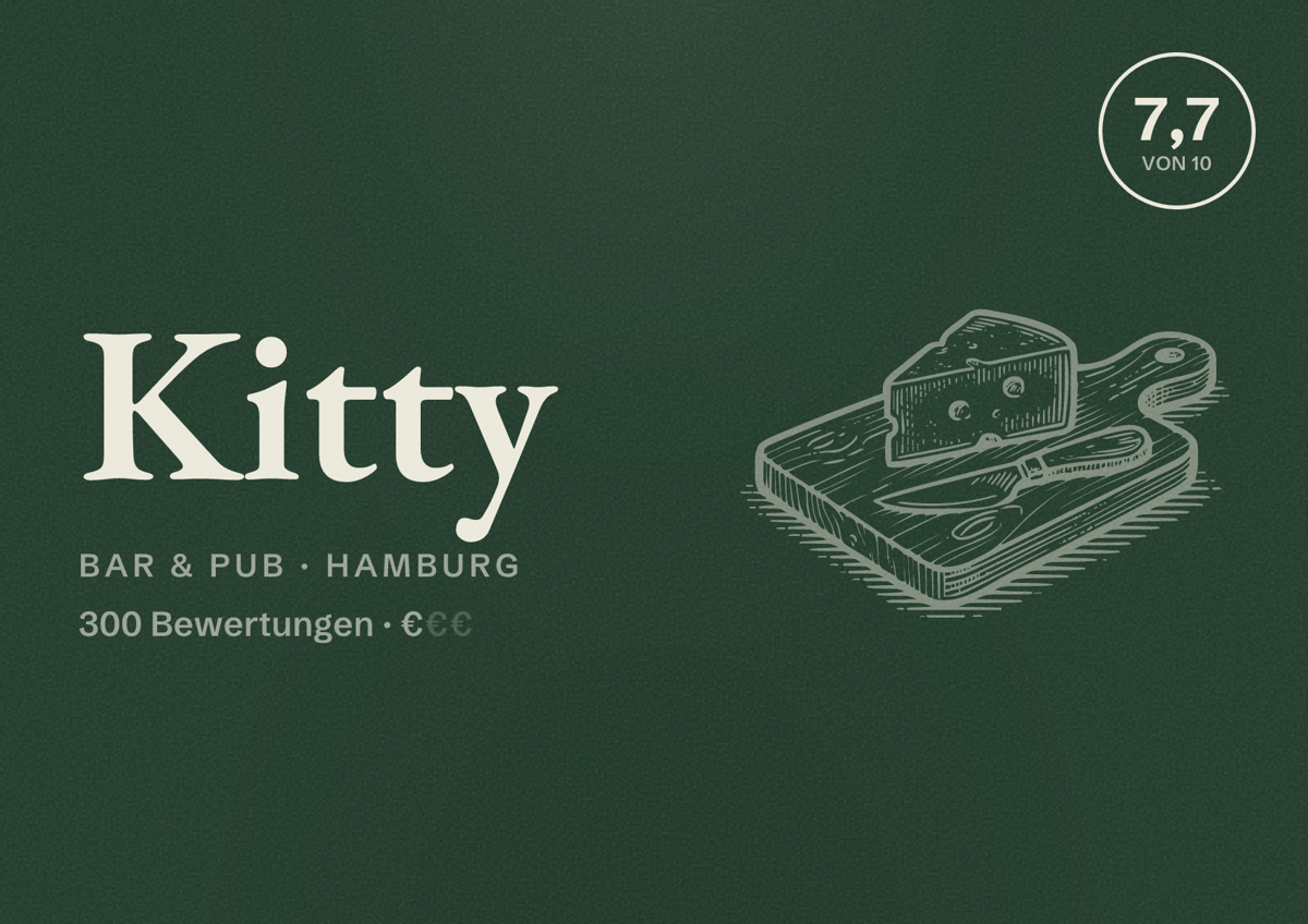 Illustriertes Poster von Kitty, Bar & Pub in Hamburg: Bewertung 7,7 von 10 aus 300 Bewertungen, Preisniveau €