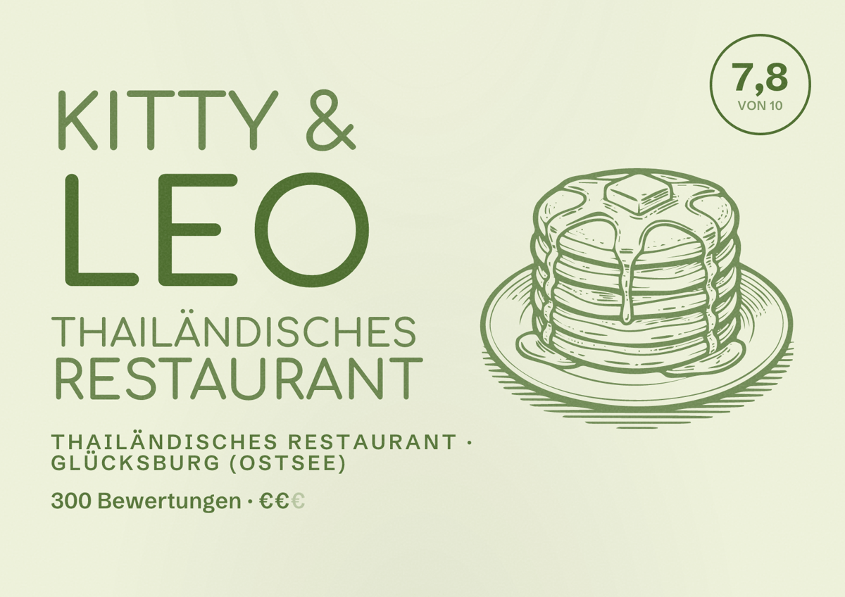 Illustriertes Poster von Kitty & Leo thailändisches Restaurant, Thailändisches Restaurant in Glücksburg (Ostsee): Bewertung 7,8 von 10 aus 300 Bewertungen, Preisniveau €€