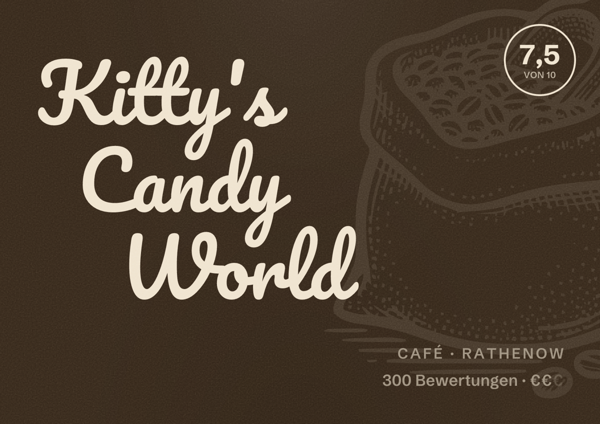 Illustriertes Poster von Kitty's Candy World, Café in Rathenow: Bewertung 7,5 von 10 aus 300 Bewertungen, Preisniveau €€