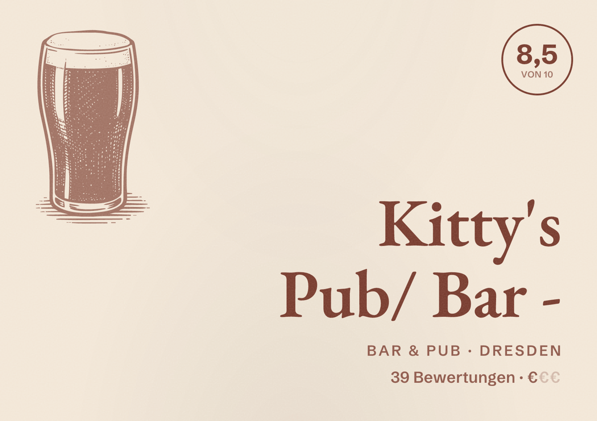 Illustriertes Poster von Kitty's Pub/ Bar -, Bar & Pub in Dresden: Bewertung 8,5 von 10 aus 39 Bewertungen, Preisniveau €