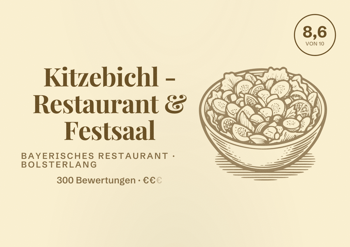 Illustriertes Poster von Kitzebichl - Restaurant & Festsaal, Bayerisches Restaurant in Bolsterlang: Bewertung 8,6 von 10 aus 300 Bewertungen, Preisniveau €€