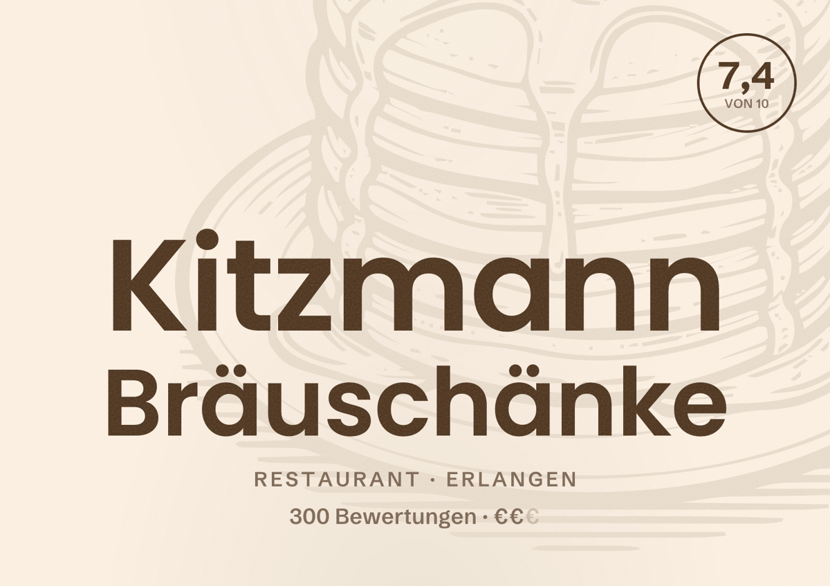 Illustriertes Poster von Kitzmann Bräuschänke, Restaurant in Erlangen: Bewertung 7,4 von 10 aus 300 Bewertungen, Preisniveau €€