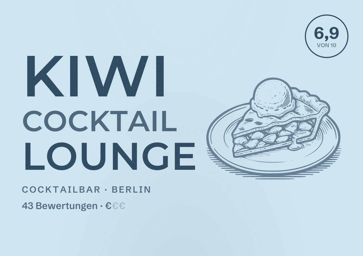 Illustriertes Poster von Kiwi Cocktail Lounge, Cocktailbar in Berlin: Bewertung 6,9 von 10 aus 43 Bewertungen, Preisniveau €