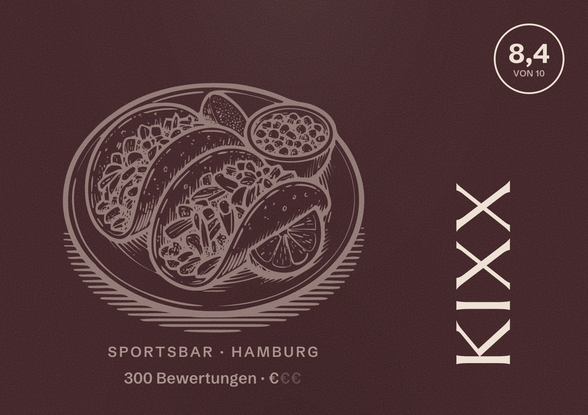 Illustriertes Poster von Kixx, Sportsbar in Hamburg: Bewertung 8,4 von 10 aus 300 Bewertungen, Preisniveau €