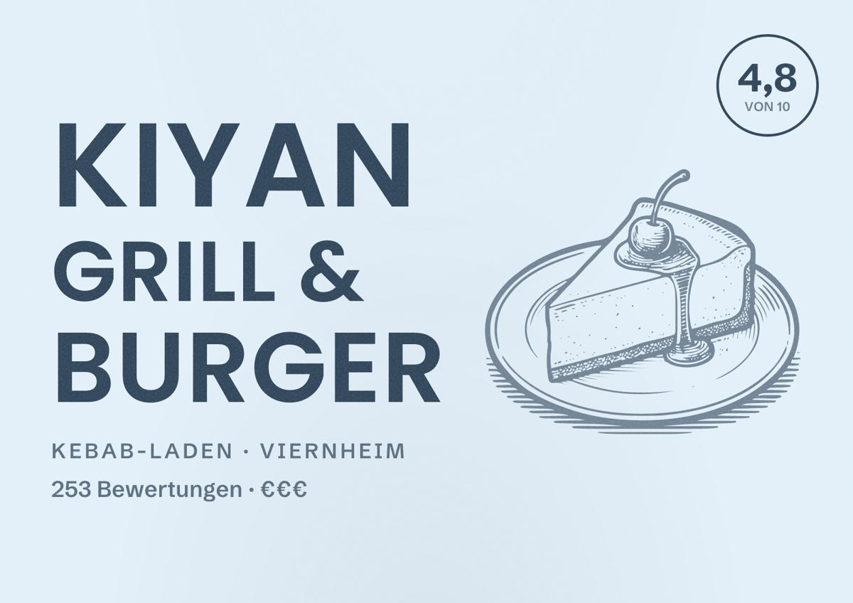 Illustriertes Poster von Kiyan Grill & Burger, Kebab-Laden in Viernheim: Bewertung 4,8 von 10 aus 253 Bewertungen, Preisniveau €€€