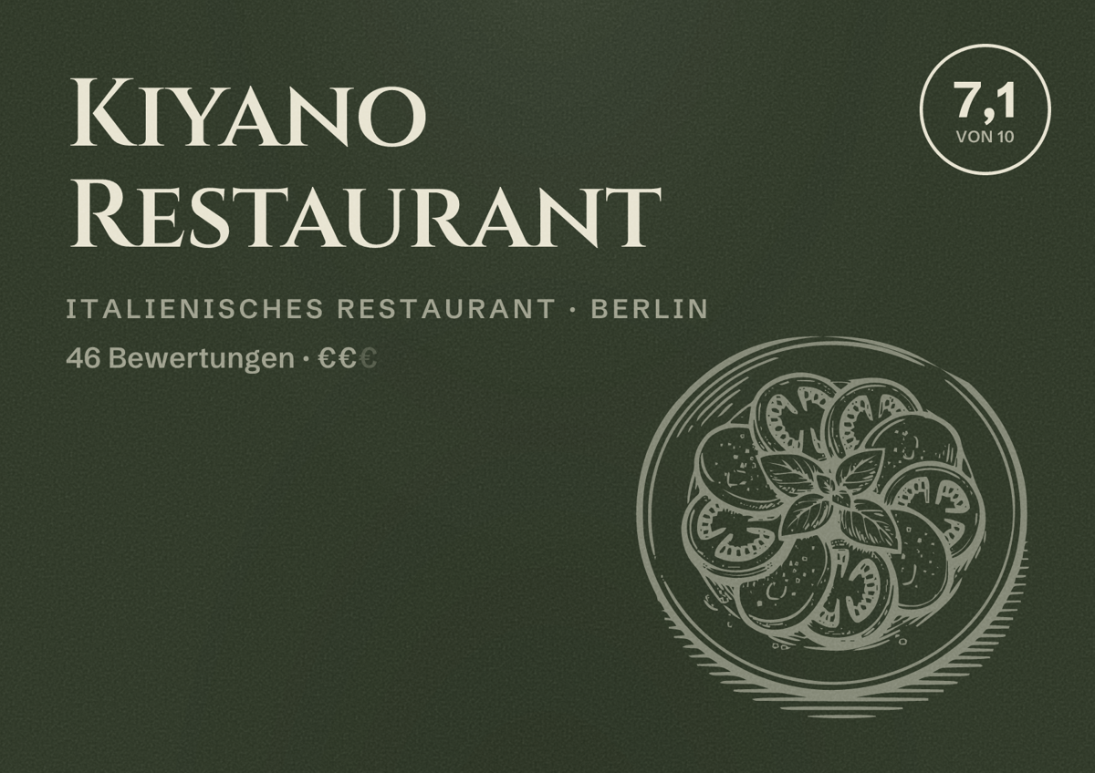 Illustriertes Poster von Kiyano Restaurant, Italienisches Restaurant in Berlin: Bewertung 7,1 von 10 aus 46 Bewertungen, Preisniveau €€