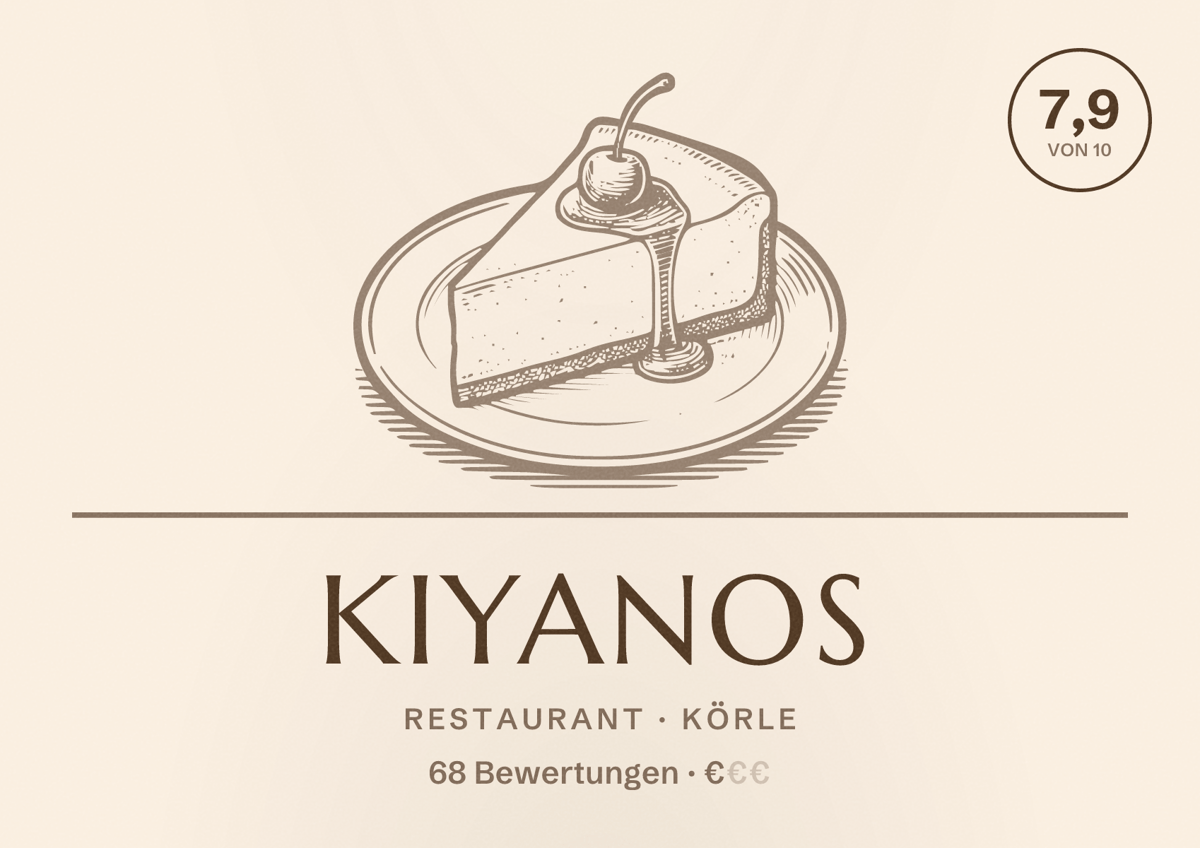 Illustriertes Poster von Kiyanos, Restaurant in Körle: Bewertung 7,9 von 10 aus 68 Bewertungen, Preisniveau €