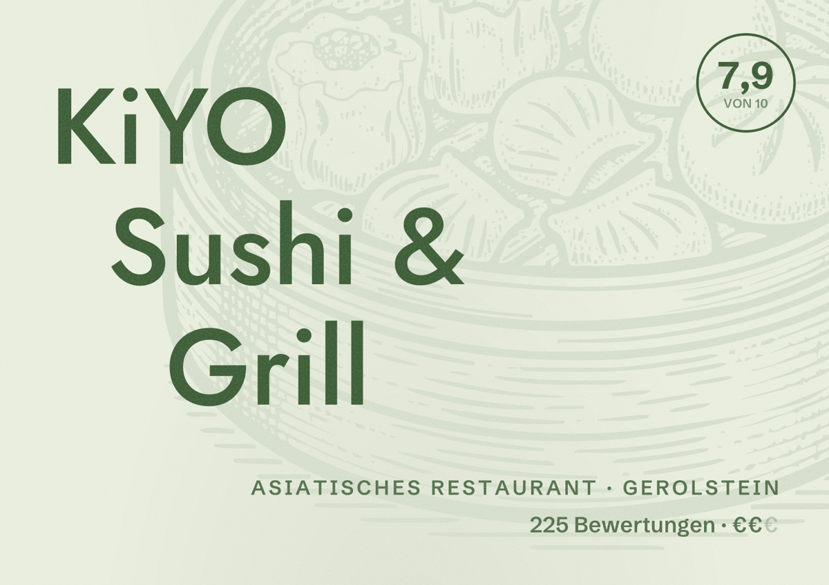 Illustriertes Poster von KiYO Sushi & Grill, Asiatisches Restaurant in Gerolstein: Bewertung 7,9 von 10 aus 225 Bewertungen, Preisniveau €€