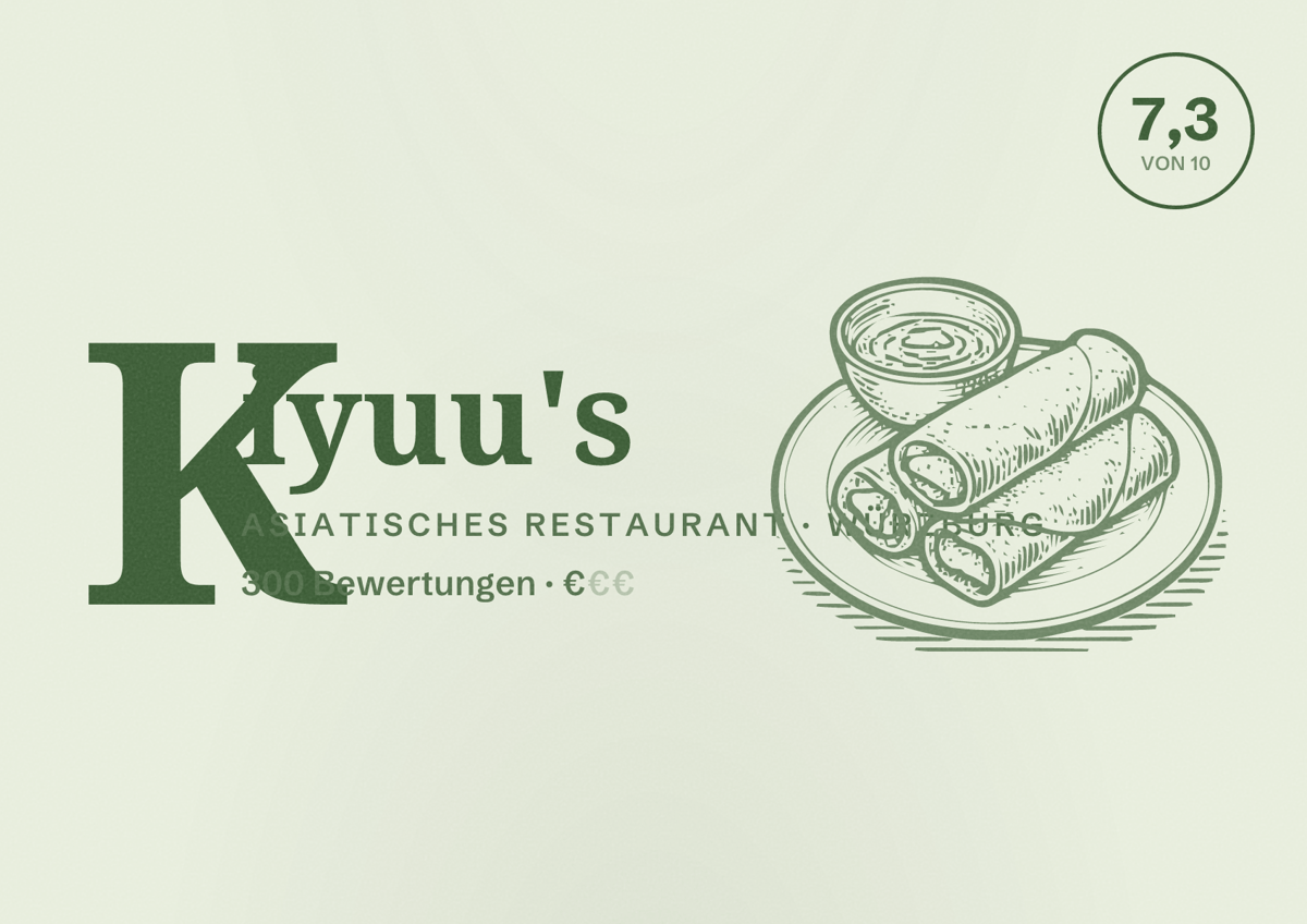 Illustriertes Poster von Kiyuu's, Asiatisches Restaurant in Würzburg: Bewertung 7,3 von 10 aus 300 Bewertungen, Preisniveau €