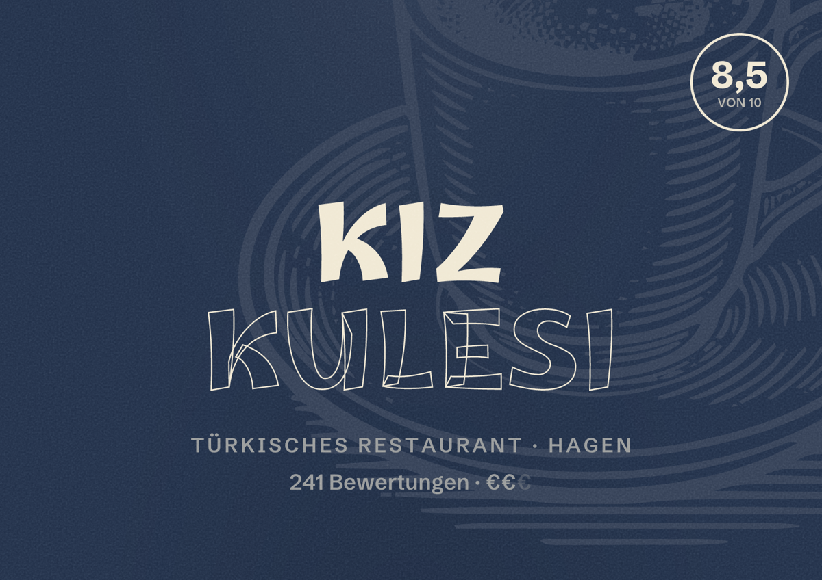 Illustriertes Poster von Kiz Kulesi, Türkisches Restaurant in Hagen: Bewertung 8,5 von 10 aus 241 Bewertungen, Preisniveau €€