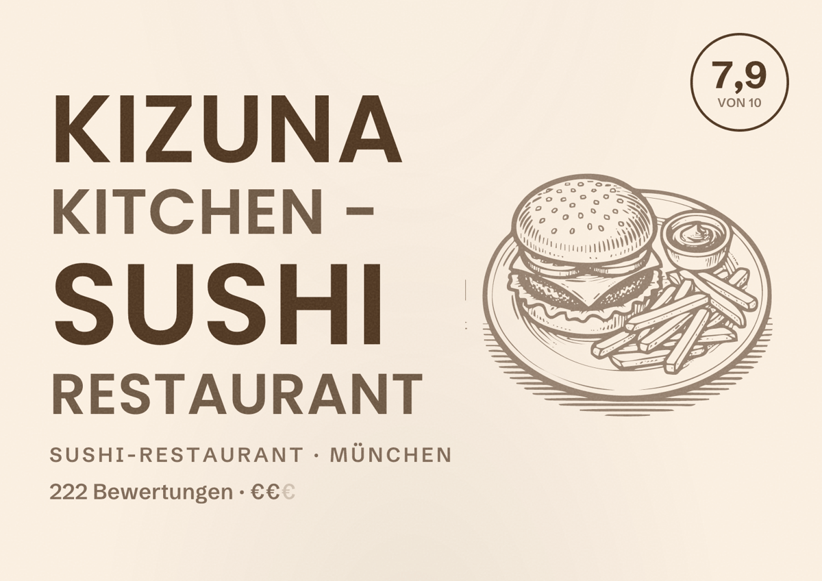 Illustriertes Poster von KIZUNA KITCHEN - Sushi Restaurant, Sushi-Restaurant in München: Bewertung 7,9 von 10 aus 222 Bewertungen, Preisniveau €€