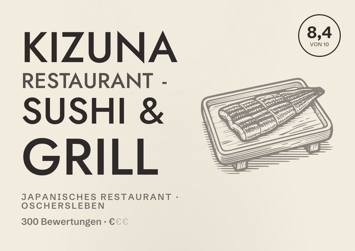 Illustriertes Poster von Kizuna Restaurant - Sushi & Grill, Japanisches Restaurant in Oschersleben: Bewertung 8,4 von 10 aus 300 Bewertungen, Preisniveau €