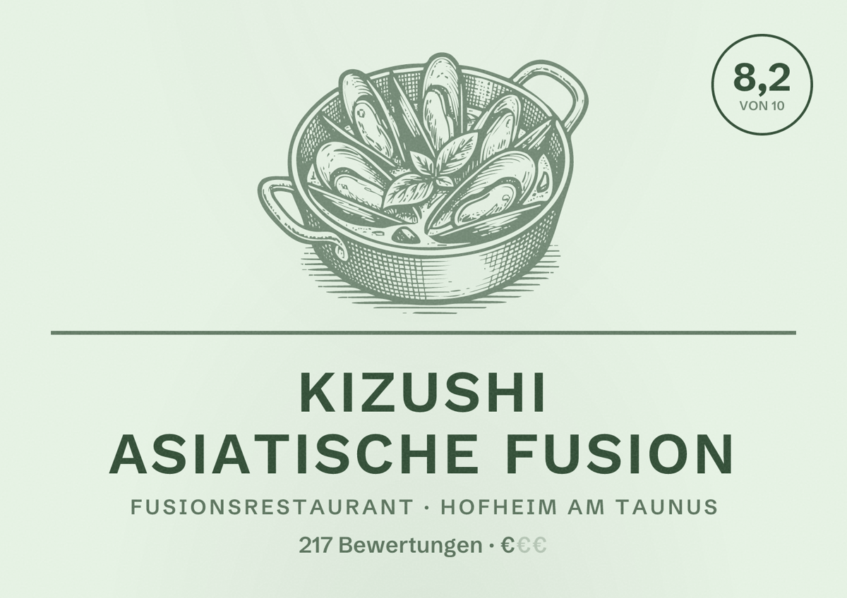 Illustriertes Poster von Kizushi Asiatische Fusion, Fusionsrestaurant in Hofheim am Taunus: Bewertung 8,2 von 10 aus 217 Bewertungen, Preisniveau €