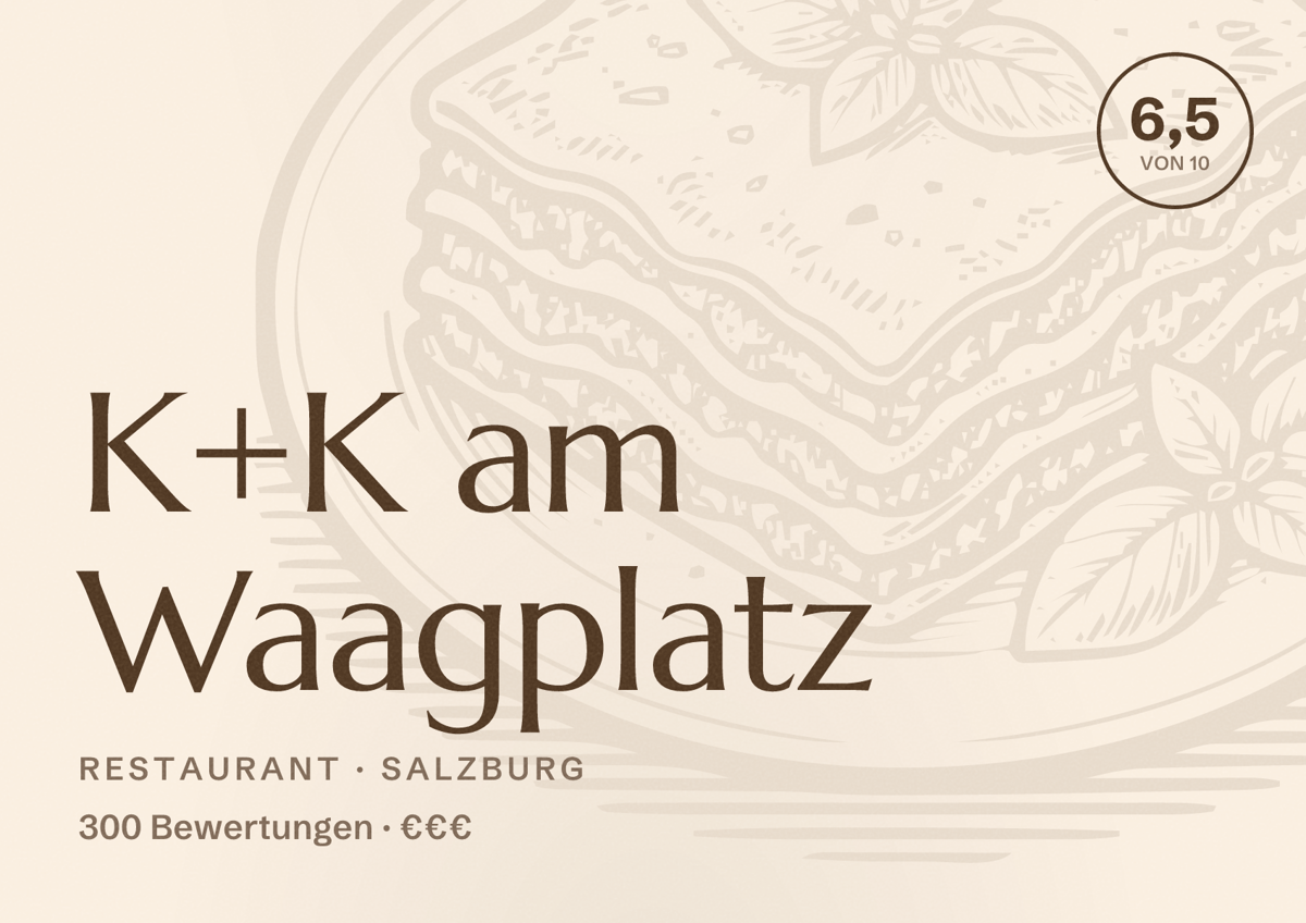Illustriertes Poster von K+K am Waagplatz, Restaurant in Salzburg: Bewertung 6,5 von 10 aus 300 Bewertungen, Preisniveau €€€