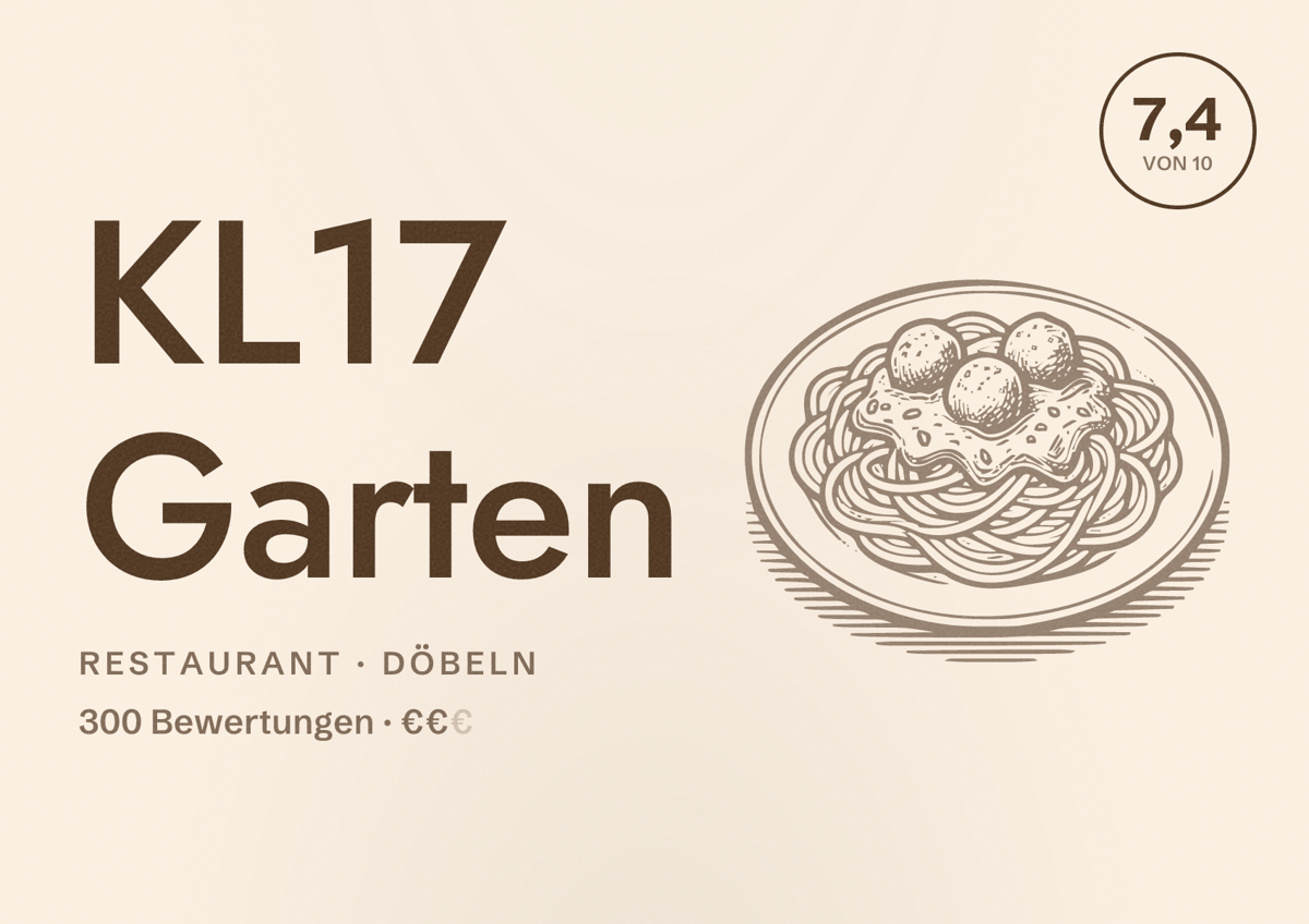 Illustriertes Poster von KL17 Garten, Restaurant in Döbeln: Bewertung 7,4 von 10 aus 300 Bewertungen, Preisniveau €€