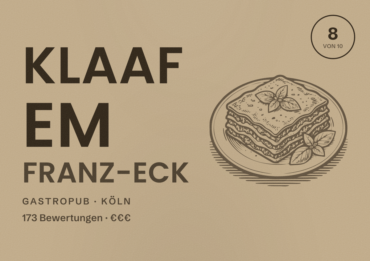 Illustriertes Poster von Klaaf em Franz-Eck, Gastropub in Köln: Bewertung 8,0 von 10 aus 173 Bewertungen, Preisniveau €€€