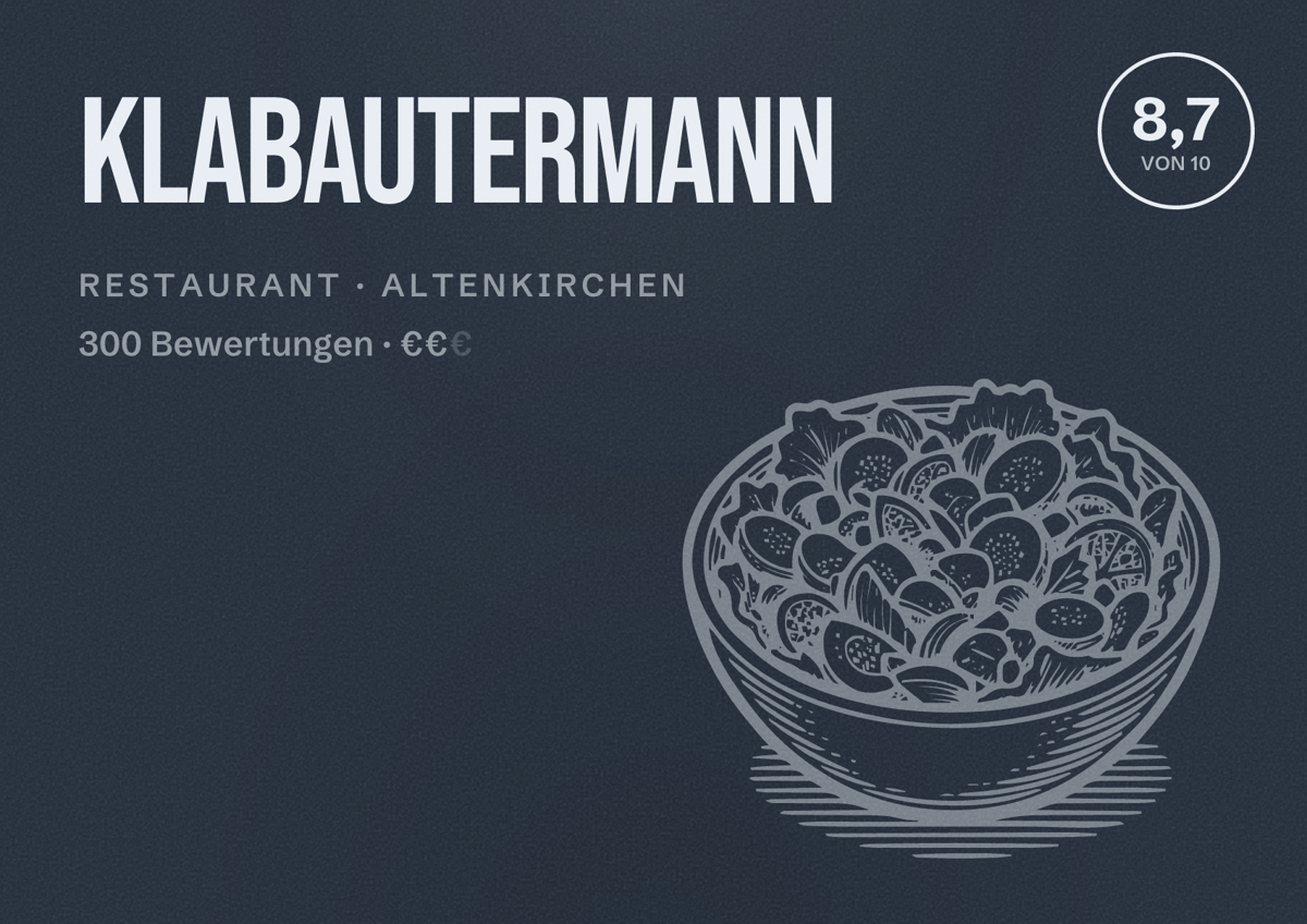 Illustriertes Poster von Klabautermann, Restaurant in Altenkirchen: Bewertung 8,7 von 10 aus 300 Bewertungen, Preisniveau €€