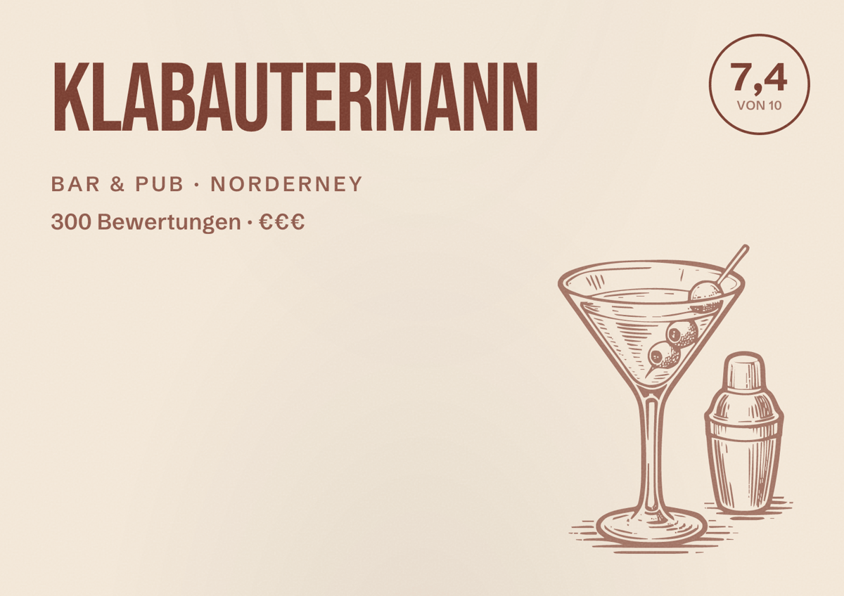 Illustriertes Poster von Klabautermann, Bar & Pub in Norderney: Bewertung 7,4 von 10 aus 300 Bewertungen, Preisniveau €€€