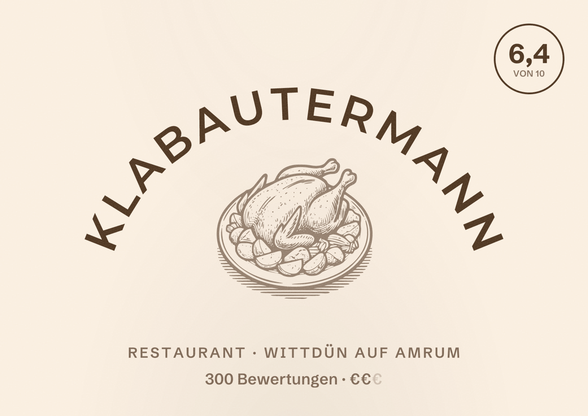 Illustriertes Poster von Klabautermann, Restaurant in Wittdün auf Amrum: Bewertung 6,4 von 10 aus 300 Bewertungen, Preisniveau €€