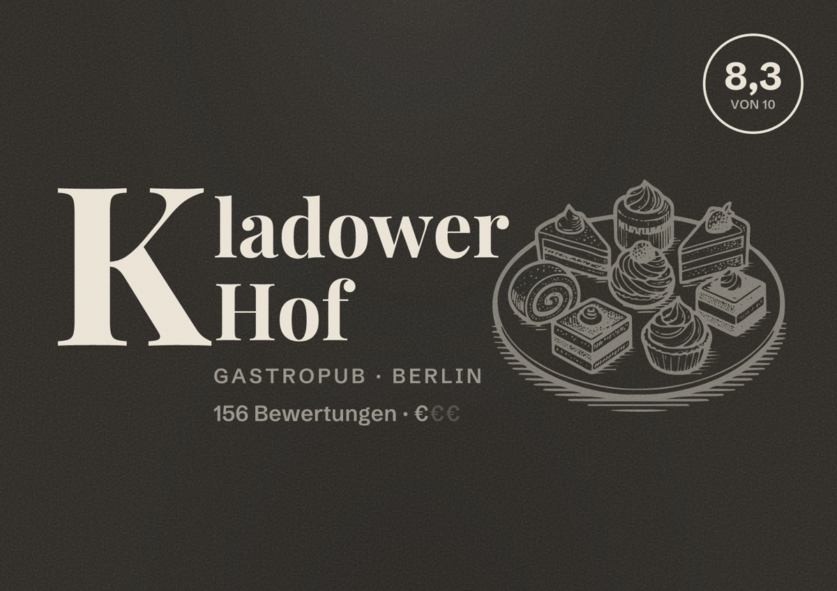 Illustriertes Poster von Kladower Hof, Gastropub in Berlin: Bewertung 8,3 von 10 aus 156 Bewertungen, Preisniveau €