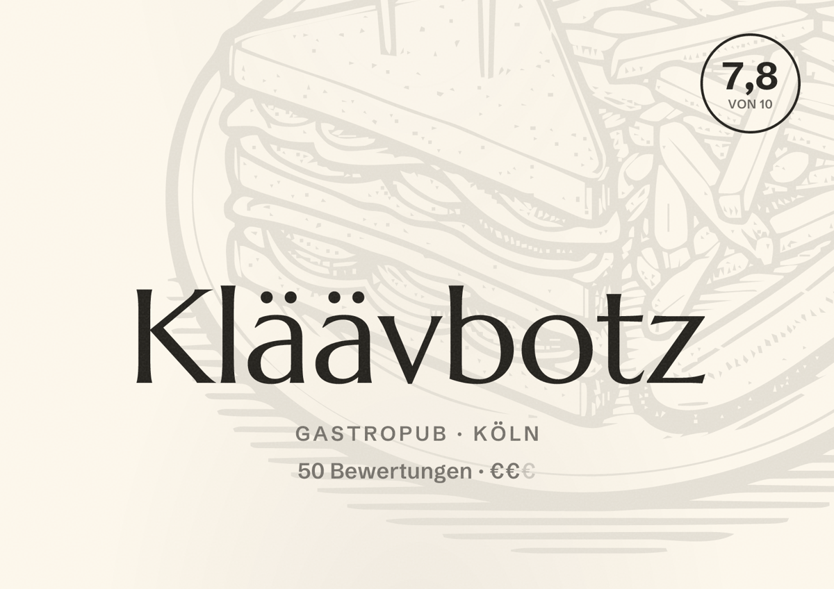 Illustriertes Poster von Kläävbotz, Gastropub in Köln: Bewertung 7,8 von 10 aus 50 Bewertungen, Preisniveau €€