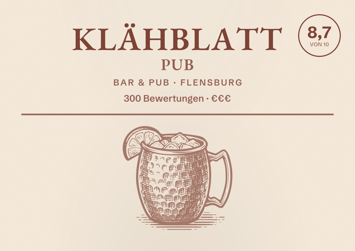 Illustriertes Poster von Klähblatt Pub, Bar & Pub in Flensburg: Bewertung 8,7 von 10 aus 300 Bewertungen, Preisniveau €€€