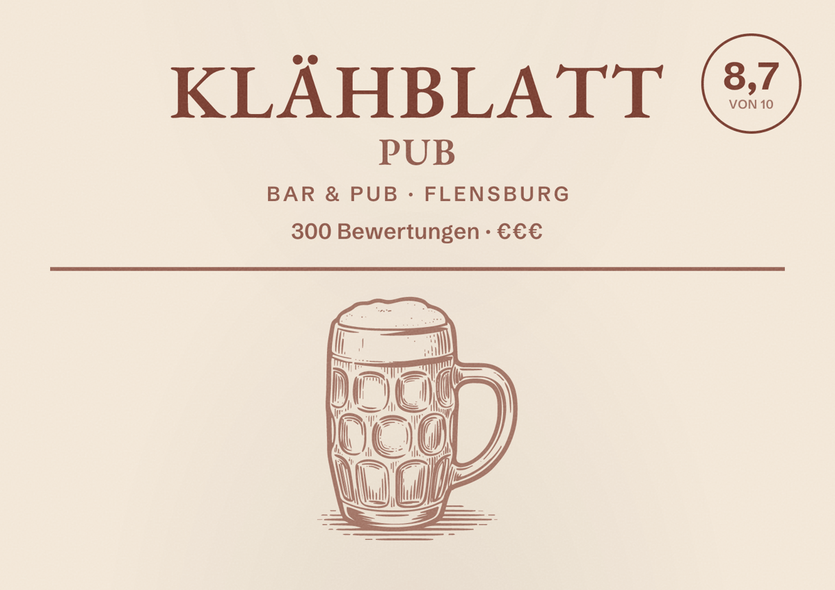 Illustriertes Poster von Klähblatt Pub, Bar & Pub in Flensburg: Bewertung 8,7 von 10 aus 300 Bewertungen, Preisniveau €€€
