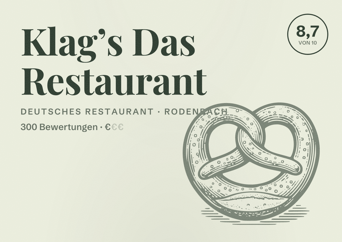 Illustriertes Poster von Klag’s Das Restaurant, Deutsches Restaurant in Rodenbach: Bewertung 8,7 von 10 aus 300 Bewertungen, Preisniveau €