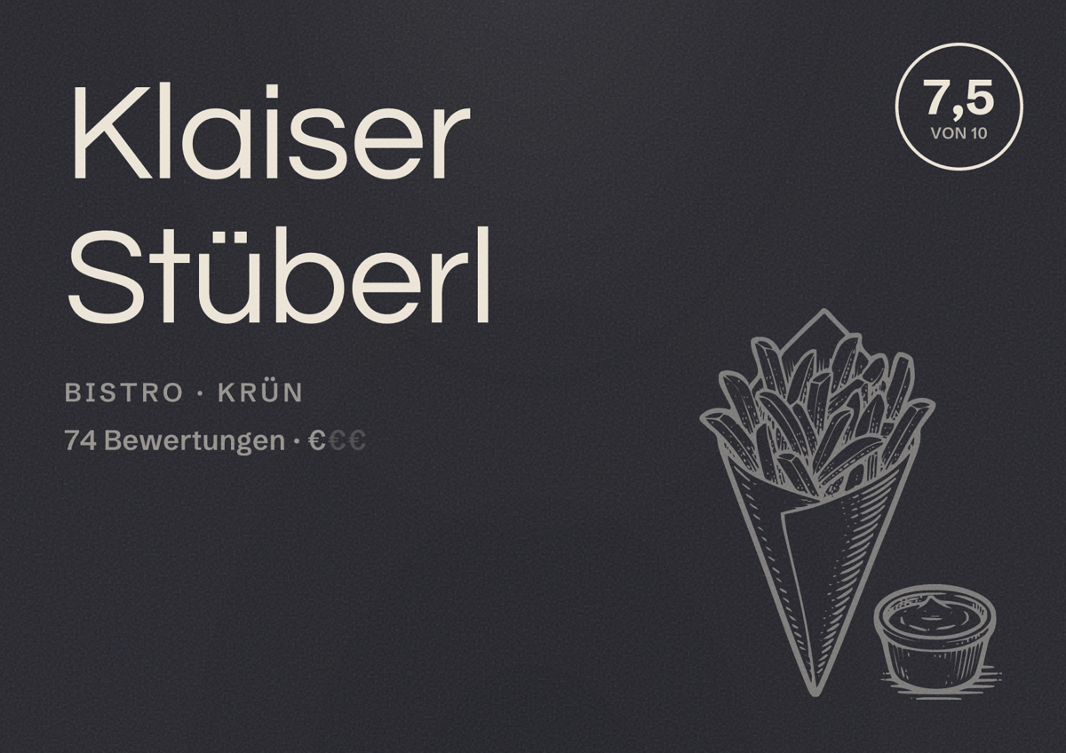 Illustriertes Poster von Klaiser Stüberl, Bistro in Krün: Bewertung 7,5 von 10 aus 74 Bewertungen, Preisniveau €