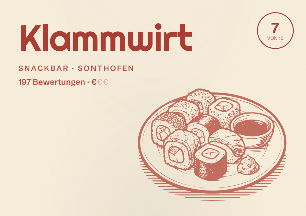 Illustriertes Poster von Klammwirt, Snackbar in Sonthofen: Bewertung 7 von 10 aus 197 Bewertungen, Preisniveau €