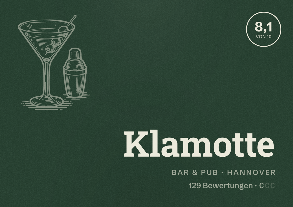 Illustriertes Poster von Klamotte, Bar & Pub in Hannover: Bewertung 8,1 von 10 aus 129 Bewertungen, Preisniveau €