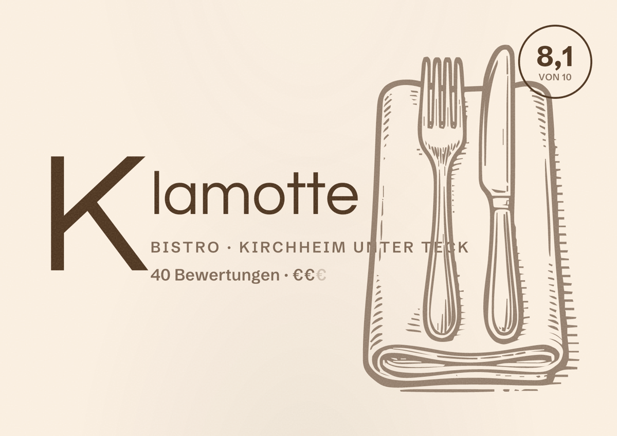 Illustriertes Poster von Klamotte, Bistro in Kirchheim unter Teck: Bewertung 8,1 von 10 aus 40 Bewertungen, Preisniveau €€