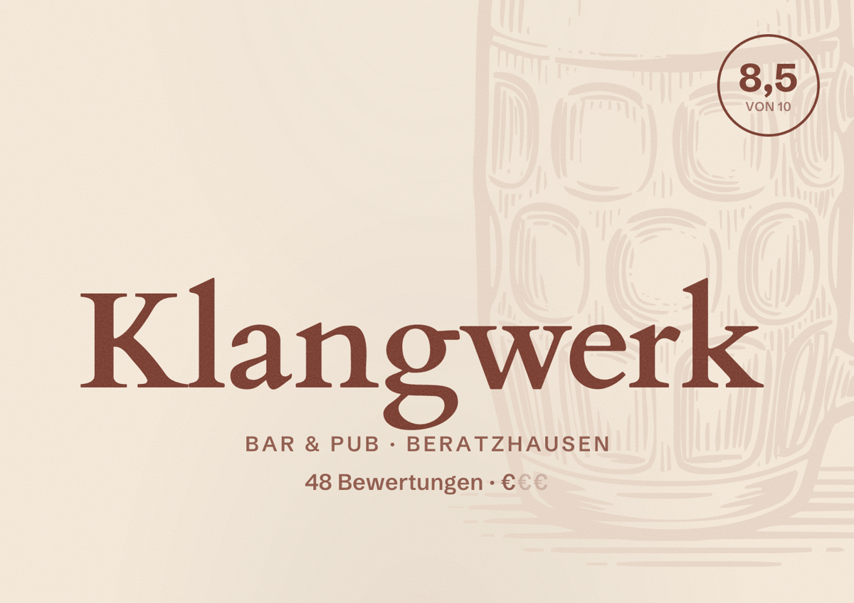 Illustriertes Poster von Klangwerk, Bar & Pub in Beratzhausen: Bewertung 8,5 von 10 aus 48 Bewertungen, Preisniveau €