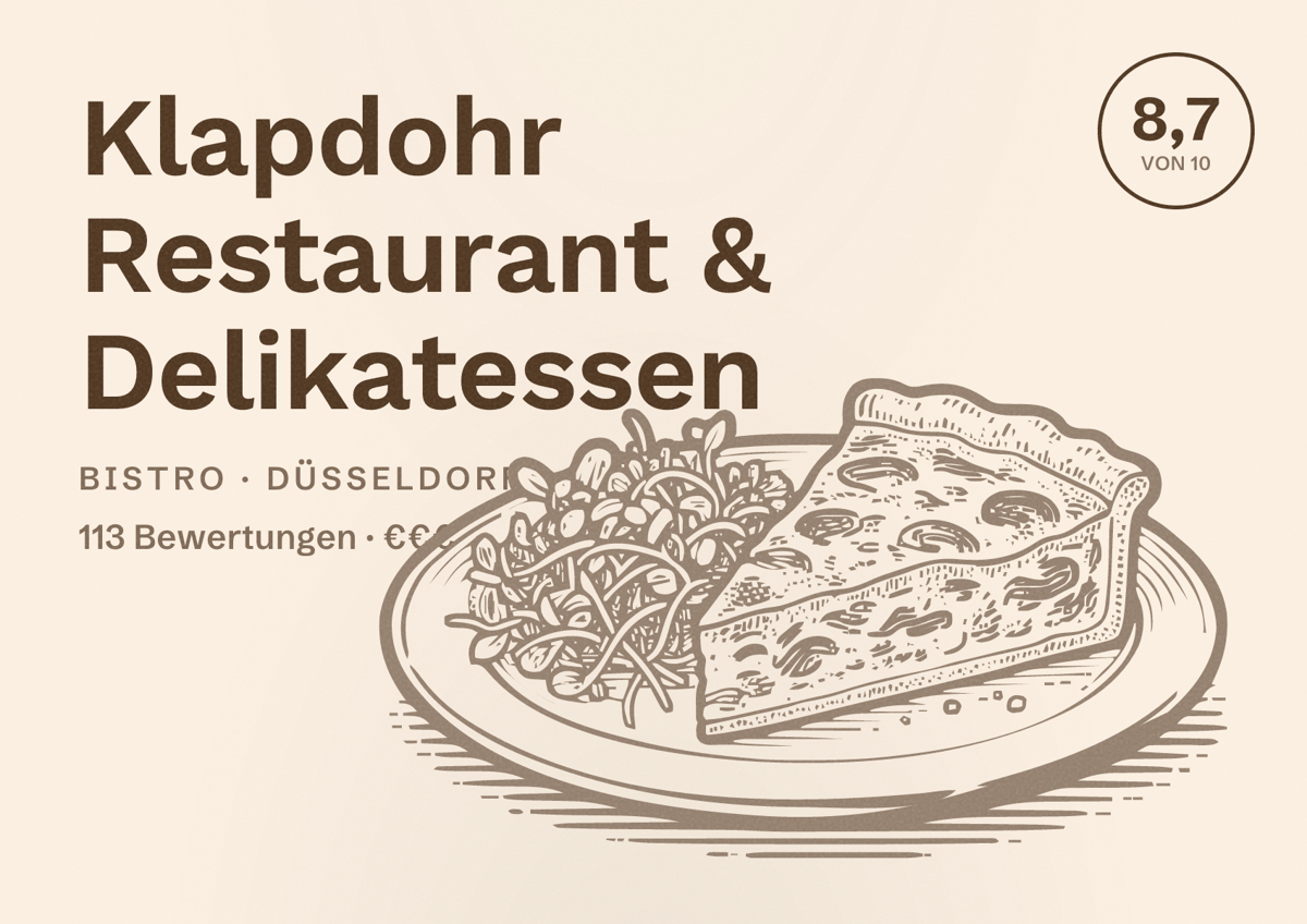 Illustriertes Poster von Klapdohr Restaurant & Delikatessen, Bistro in Düsseldorf: Bewertung 8,7 von 10 aus 113 Bewertungen, Preisniveau €€€