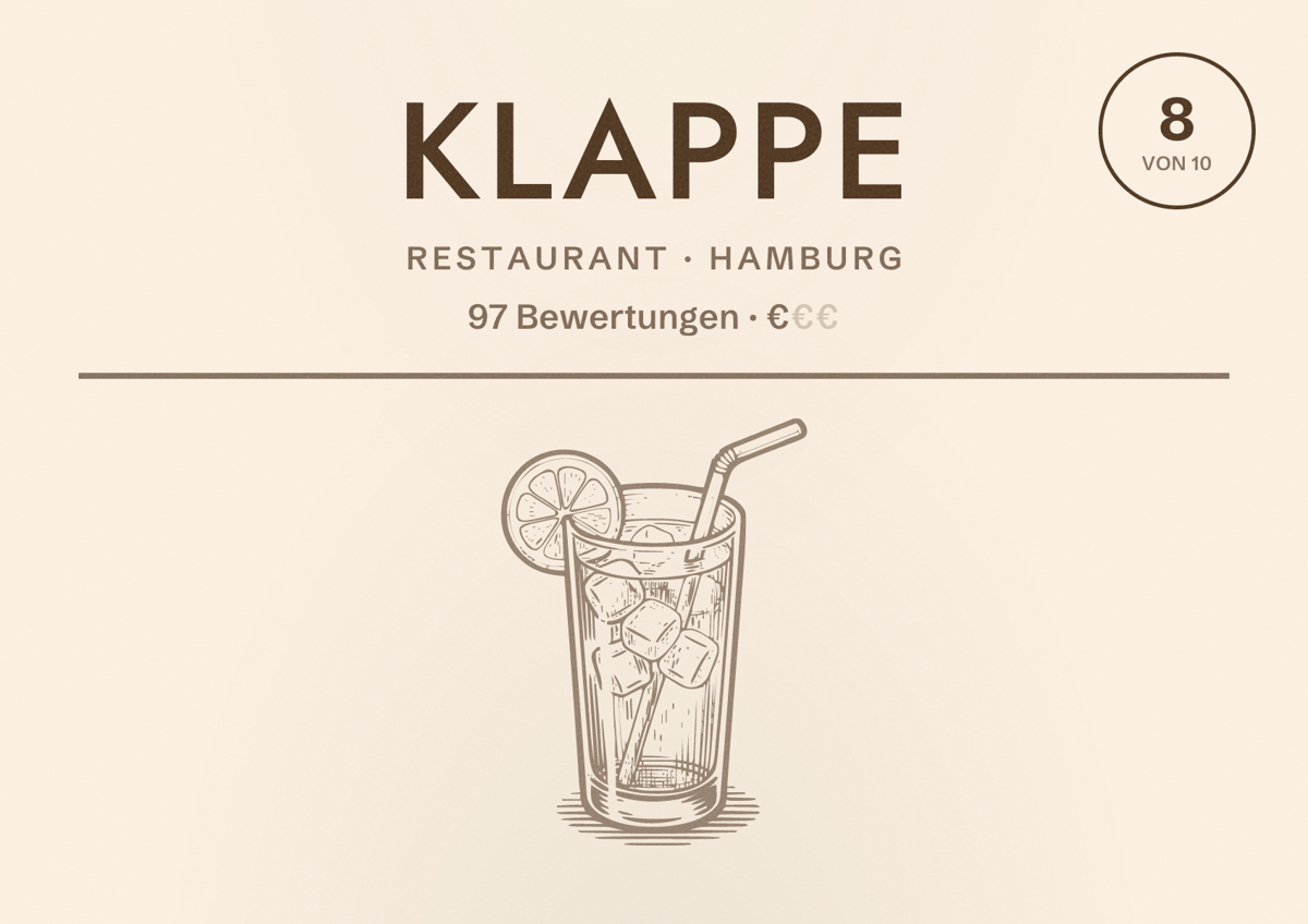 Illustriertes Poster von Klappe, Restaurant in Hamburg: Bewertung 8,0 von 10 aus 97 Bewertungen, Preisniveau €