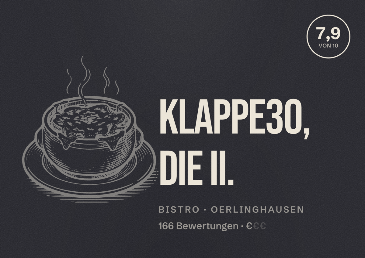 Illustriertes Poster von Klappe30, Die II., Bistro in Oerlinghausen: Bewertung 7,9 von 10 aus 166 Bewertungen, Preisniveau €