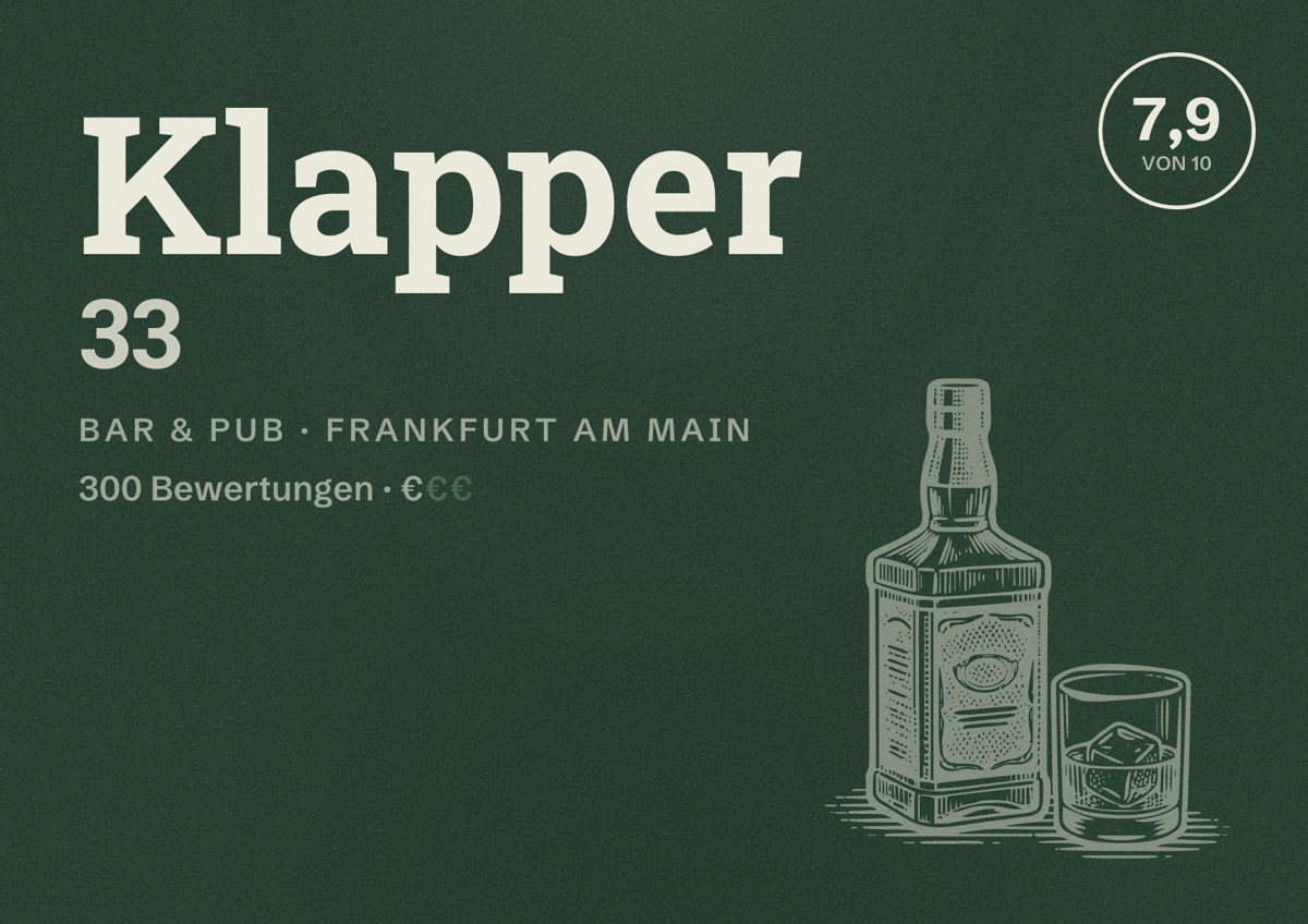 Illustriertes Poster von Klapper 33, Bar & Pub in Frankfurt am Main: Bewertung 7,9 von 10 aus 300 Bewertungen, Preisniveau €